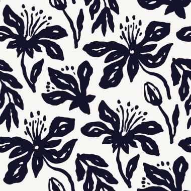 Tek renkli siyah beyaz fırça darbeleri mürekkepsiz çiçek desenleri. Soyut çiçek çağdaş arkaplanı.