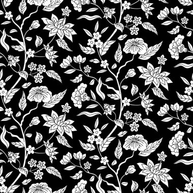 Tek renkli siyah-beyaz çini el çizimi motifli kusursuz desen. Çiçek duvar kağıdı ve orintal folklor tarzı süs..