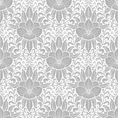 Tropikal motifli kusursuz gri Damask deseni. Çiçek soyut tekrarlanan tek renkli arkaplan.