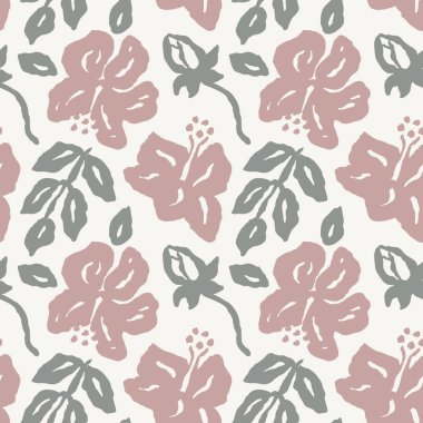 Mürekkep rengi fırça darbeleri klasik yeşil ve pembe amber çiçekleri dikişsiz desen oluşturur. Soyut çiçek çağdaş arkaplanı.