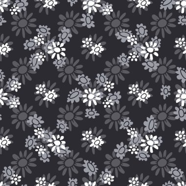 Soyut geçmişe ait yabani çiçeklerin siyah arka planda açtığı tek renkli, pürüzsüz desen. Vintage ditsy çiçekli dijital kağıt