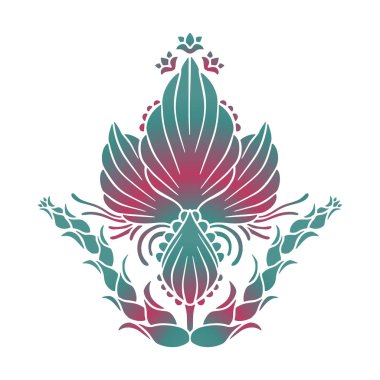 El çizimi deniz mavisi ve mor renkteki Damask motifi beyaz arka planda izole edilmiş. Soyut simetrik botanik dekor.