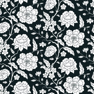 Tek renkli Çin porselenli el çizimi motifli kusursuz desen. Siyah-beyaz Çin tarzı süslemeli çiçek duvar kağıdı..