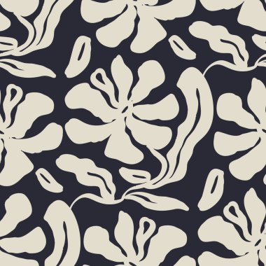 Tek renkli siyah beyaz fırça darbeleri mürekkepsiz çiçek desenleri. Soyut çiçek çağdaş arkaplanı.