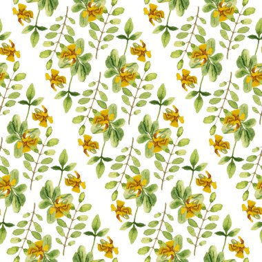 Suluboya yaprakları ve sarı çiçek deseni, beyaz arkaplanda çiçek deseni