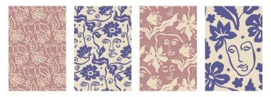 Dikey posterler ya da kartlar. Soyut kadın yüzü ve koyu arkaplanda çiçek silueti çizimleri var. Monokrom minimalist portreler duvar sanatı. Kadın kafasının modern çiçek çizimi.