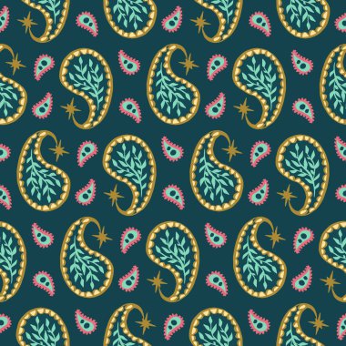 Şal desenli kusursuz desen. Teal boho geçmişi. Hint geleneksel tasarımı.