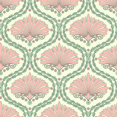 Pembe çiçekli kusursuz desen ve krem kaplamalı marş geometrik motifler. Minimalist klasik soyut tekrarlanan duvar kağıdı.