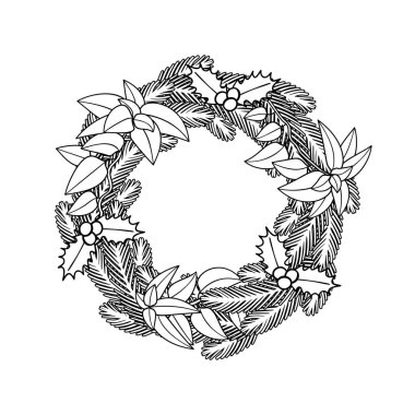 Tek renkli çizgili Noel çelengi klişesi, süslü ladin dalları. Beyaz arkaplanda izole