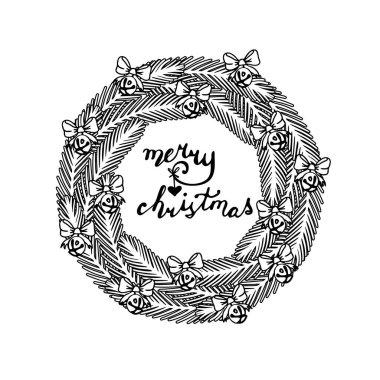 Tek renkli sanat eseri Noel çelengi klipleri, jingle çanları ile süslenmiş ladin dalları. Beyaz arkaplanda izole