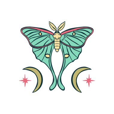 Luna güvesinin çizdiği el resmi beyaz arka planda izole edilmiş. Göksel Kelebek Tasarımı