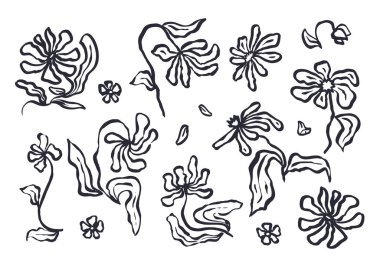 Mürekkep yıkama soyut çiçek çizimleri beyaza izole edilmiş. Çizilmiş karalama çiçeklerinin siyah siluetleri. Minimalist botanik klip sanatı