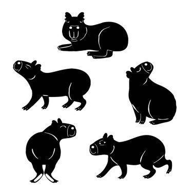 Beyaz üzerine izole edilmiş komik Capybaras siluetleri. Şirin Güney Amerika orman hayvan çizimleri demeti.