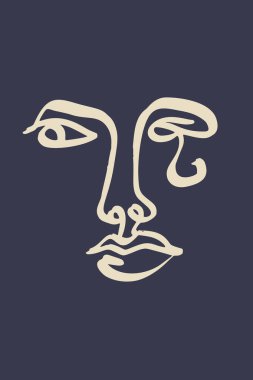 Üzerinde soyut kadın yüz silueti resmi olan dikey poster ya da kart. Tek renkli minimalist portre duvar sanatı. Kadın kafasının modern moda çizimi