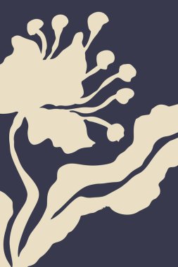 Mürekkep fırçası soyut çiçek çizimi olan bir poster ya da kart. Minimalist karalama çiçeklerinin beyaz silueti