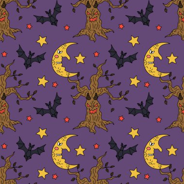 Kusursuz desenli, şirin elli Cadılar Bayramı şeytani orman ağaçları ve gülümseyen yarım ay. Satır sanatının ürkütücü arka planı.