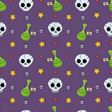 Güzel elli, kusursuz desenli Cadılar Bayramı kafatasları ve sihirli iksirlerle çizilmiş. Satır sanatının ürkütücü arka planı.