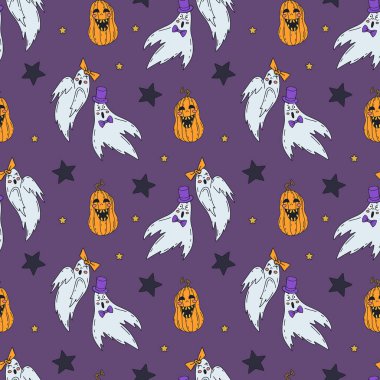 Güzel el çizimi, kusursuz desenli Cadılar Bayramı hayaletleri çifti. Satır sanatının ürkütücü arka planı.