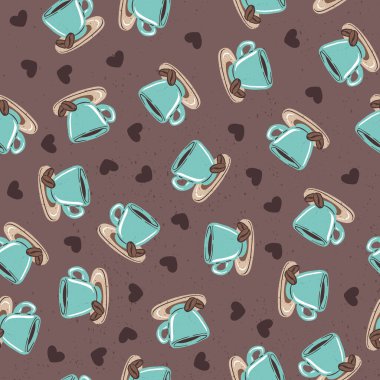 Kahve, çay fincanı ve kupa ile kusursuz desen. Elle çizilmiş kupalar arka planı tekrarlıyor. Restoran menüsü arka planı veya mutfak duvar kağıdı tasarımı.