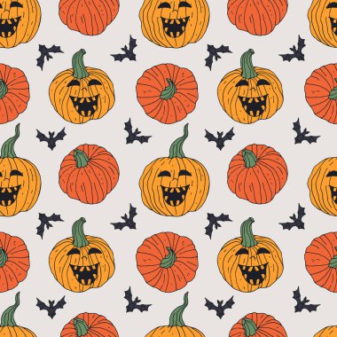 Güzel elli kusursuz desenli Cadılar Bayramı balkabakları çizilmiş. Satır sanatının ürkütücü arka planı.