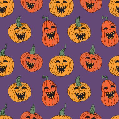 Güzel elli kusursuz desenli Cadılar Bayramı balkabakları çizilmiş. Satır sanatının ürkütücü arka planı.