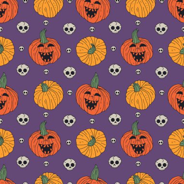 Güzel elli kusursuz desenli Cadılar Bayramı balkabakları çizilmiş. Satır sanatının ürkütücü arka planı.