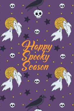 İçinde hayaletler ve ayların olduğu şirin bir Cadılar Bayramı illüstrasyonu olan kart ya da poster. Selamlama metni Mutlu Ürkütücü Sezon.