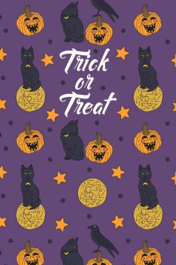 Cadı kedilerin ve ayların olduğu şirin Cadılar Bayramı resimli kart ya da poster. Metin Hediye ya da Hediye.