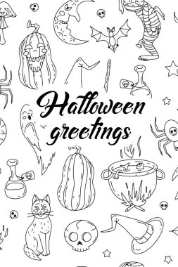 İçinde balkabakları ve cadı unsurları olan şirin bir Cadılar Bayramı illüstrasyonu olan kart ya da poster. Cadılar Bayramı 'na mesaj at.