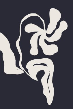 Mürekkep fırçası soyut çiçek çizimi olan bir poster ya da kart. Minimalist karalama çiçeklerinin beyaz silueti