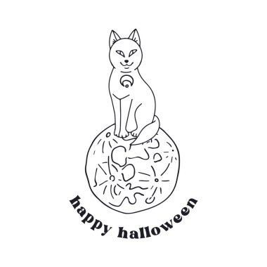 Siyah beyaz şirin cadılar bayramı cadısı kara kedi ve ayı olan bir kart ya da poster. Selamlar Cadılar Bayramın kutlu olsun..