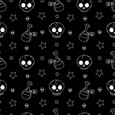 Güzel elli, kusursuz desenli Cadılar Bayramı kafatasları ve sihirli iksirlerle çizilmiş. Satır sanatının ürkütücü arka planı.