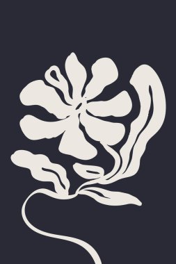 Mürekkep fırçası soyut çiçek çizimi olan bir poster ya da kart. Minimalist karalama çiçeklerinin beyaz silueti