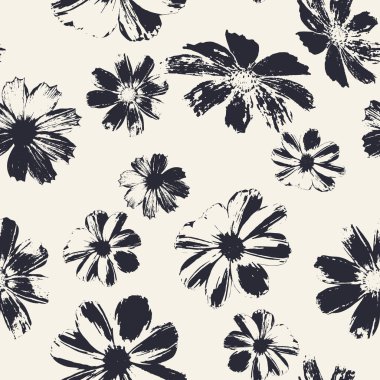 Tek renkli çiçeklerle kusursuz desen pul açar. Doğa siyah ve beyaz grunge arka planı. Çiçekli mürekkep tekrarlayan tasarım.