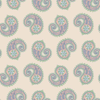 Bej arka planda Paisley motifleri olan kusursuz desen. Geleneksel Hint yineleme tasarımı.