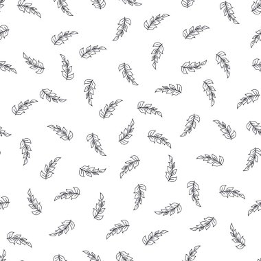Siyah ve beyaz yapraklı el çizimi, pürüzsüz desen. Yaprak karalama yineleme arkaplanı.