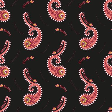Siyah arka planda Paisley motifleri olan kusursuz desen. Geleneksel Hint yineleme tasarımı.