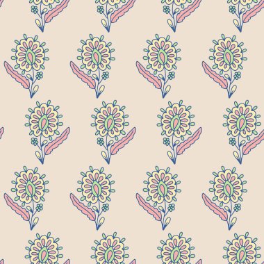 El çizimi karalama çiçekleri bej arka planda kusursuz desen. Basit çiçek arkaplanı.