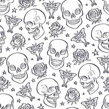 Luna güveleri ve güllerle çevrili, el çizimi siyah ve beyaz mürekkep kafatası desenleri. İskelet başları tek renkli arka planı kelebekler ve çiçeklerle tekrar eder.