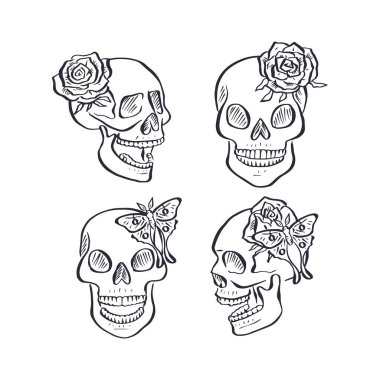 Beyaz arka planda izole edilmiş siyah beyaz, kabataslak insan kafatası. Gül çiçeği ve ay güvesi dövmeli bir iskelet..