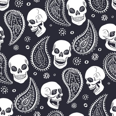 Kusursuz desenli, desenli desenli desenli desenli desenli desenli desenli desenli desenli. İskelet başları tek renkli siyah beyaz arka plan.
