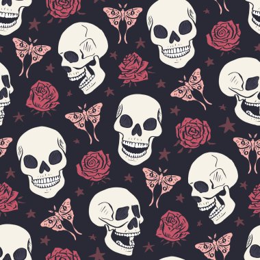 Luna güveleri ve güllerle çevrili elle çizilmiş mürekkepli çiçek kafatası desenleri. İskelet kafalar arka planda kelebekler ve çiçeklerle.