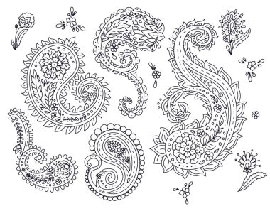 Beyaz arka planda izole edilmiş siyah beyaz desenli motifler. Hint tarzı monokrom tasarım elementleri