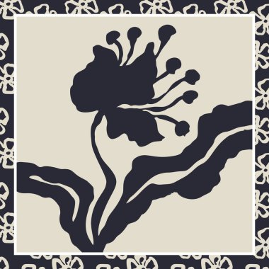 Tek renkli siyah beyaz fırça darbeleri mürekkepli çiçek eşarbı ya da bandana tasarımı. Soyut çağdaş minimalist arka plan.