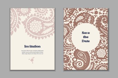 Şablonlu iki tebrik kartı şablonu. Doğulu süslemeli düğün davetiyesi. Modern durağan tasarım.