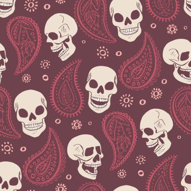 Kusursuz desenli, el çizimi mürekkepli kafatasları desenli desenlerle çevrili. İskelet başları arka planı tekrarlar.