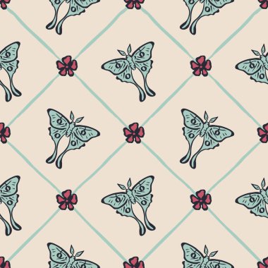 Sarmaşık içinde el çizimi kırmızı gül çiçekleri ve ay güveleri olan kusursuz bir desen. Romantik çiçek ve kelebek arkaplanı. Sevgililer Günü paket tasarımı.