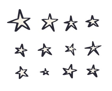 El çizimi mürekkep karalaması monokrom yıldızı seti. Sketchy siyah ve beyaz yıldızlar demet.