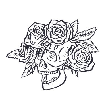 Beyaz arka planda izole edilmiş gül çelengi olan el çizimi siyah insan kafatası. Çiçek dizaynlı tek renkli iskelet kafası