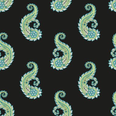Siyah arka planda Paisley motifleri olan kusursuz desen. Geleneksel Hint yineleme tasarımı.